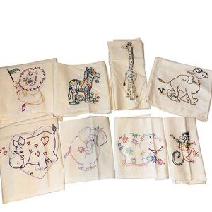 Set of 8 Retro Hand Stitched Tea Towels Circus Animals Colorful Zebra Giraffe